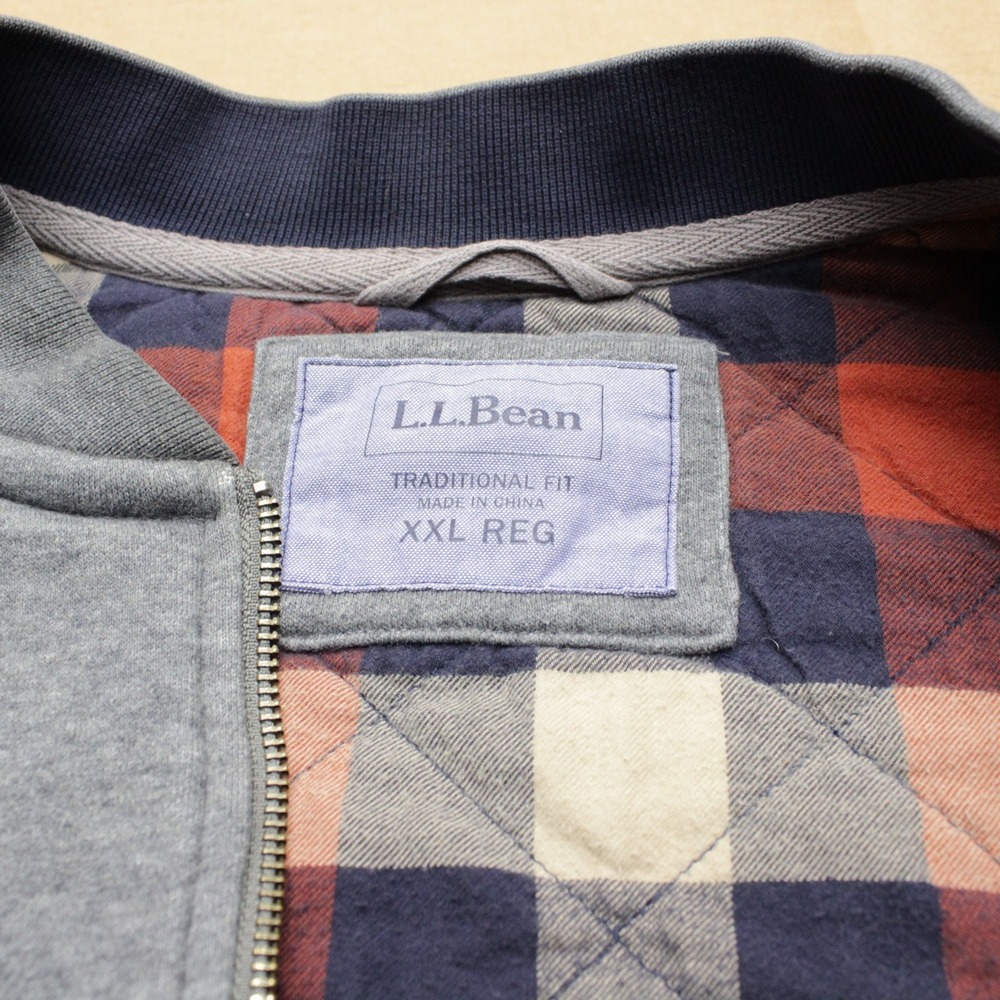 LL Bean Flannel Lined Bomber Jacket Mens 2XL Gray Zip Up Quilted Warm Pockets - Picture 2 of 8